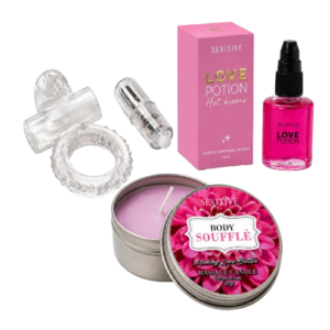 Anillo vibrador Bunny Crystal Soft con estimulador clitoriano-Aceite Comestible Love Potion Frutilla 30 ml para masajes y besos íntimos-Vela de masaje Body Soufflé Strawberries 30 g para masajes corporales tibios